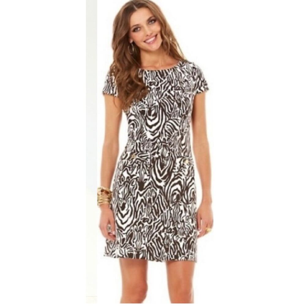 LILLY PULITZER Layton Zebra Shift Dress Medium Brown Zebra Full Entourage Pocket